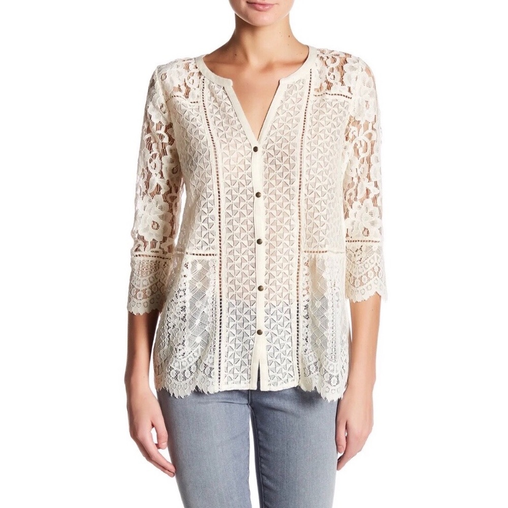 NWOT Lucky Brand Ivory 3/4 Sleeve Button Front Lace Top XS